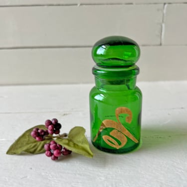 Vintage Emerald Green & Gold Glass Bubble Top Apothecary Jar, Made In Belgium // Green Japanese, Green Chinese Jar // Perfect Gift 
