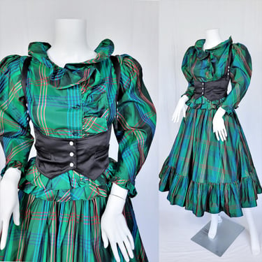 1980's Green Plaid Taffeta 2 Pc Ruffled Blouse I Skirt I Sz Med I Dickens I Christmas I Punk 