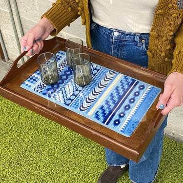 Vintage Serving Tray Retro 1970s Bohemian + Brown Wood + Blue and White + Afghan Fabric + Rectangular + Side Handles + Clear Glass Top 