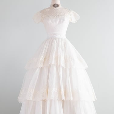 Ethereal 1950's Tiered Ivory Cotton Eyelet Lace Wedding Gown / XS