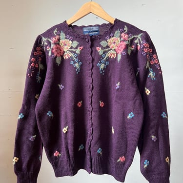 Med, Vintage 1980s Herman Geist Purple Floral Embroidered Cardigan Sweater, Cute, S1 