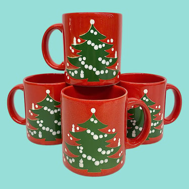 Vintage Waechtersbach Christmas Mugs Retro 1980s W. Germany + Ceramic + Set of 4 + Christmas Trees + Red + Green + White + Holiday + Kitchen 