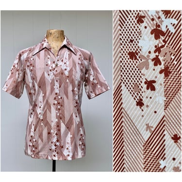 Vintage 1970s Short Sleeve Polyester Disco Shirt, Brown White Herringbone Floral Print Hipster Shirt, Spire California, Medium 42" Chest 