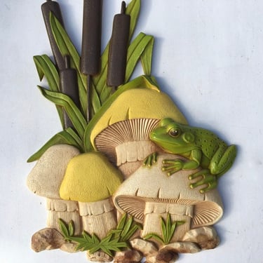 Vintage Burwood Frog On Mushroom With Cat Tails Wall Hanging, Hard Plastic, Toad On Toadstool, Mushroom Lovers, Green Yellow 