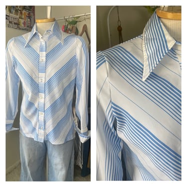 Vintage 1970s Striped Button-Front Shirt | Retro Blue and White Chevron Stripe | Long Sleeve | Size Medium 