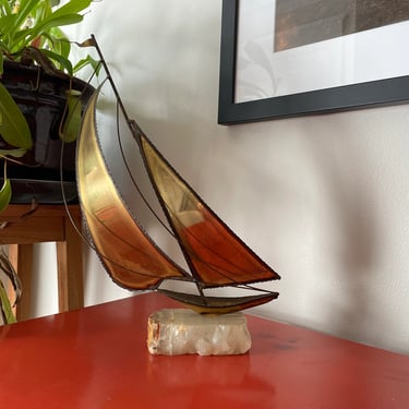 1960s Brutalist metal sculpture Sailboat Brass Copper Quartz mid mod 