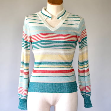 1970s Metallic Striped Collared Knit Sweater - Vintage 70s Knit Pullover Top - Small 