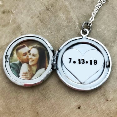 Personalized Photo Locket Necklace, Heart Locket, Date Jewelry, Silver Locket Necklace, Keepsake Gift for Her, Anniversary Locket 