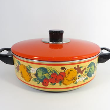 Mid Century Holt Howard Enameled Fruit Festival Dutch Oven - Holt Howard Gold Red Orange Enameled Pot 