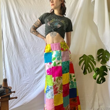 1960s Patchwork Skirt / Silk Quilted Skirt / Cottagecore / Mexican / Folk Long Haute Hippie Skirt /  Woodstock / Resortwear 