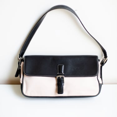 Vintage COACH Y2K Pink Satin + Black Leather Baguette Bag with White Contrast Stitching and Silver Hardware Minimalist Ballet Pink 