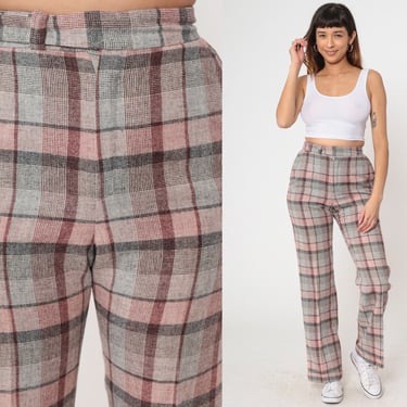 70s Plaid Pants High Waisted Trousers Wool Blend Checkered Print Cuffed Straight Leg Retro Preppy Slacks Pink Grey Vintage 1970s Small 28 