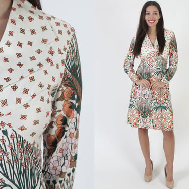1970s Norbert Carlin Designer Floral Print Full Skirt Dress 