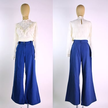 Vintage 70s Navy Blue Cotton Bell Bottoms / 60s Hip hugger Flares / Waist 29 / FREE US SHIPPING 