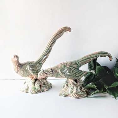 Pair of Vintage Royal Haeger Mauve & Green Pheasant Figurines/ Art Deco MCM Hunting Birds/ Mid Century Hunting Lodge Wildlife Decor 