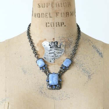 vintage gothic style 1940's Selro necklace • marbled light blue square glass & silver pewter necklace 