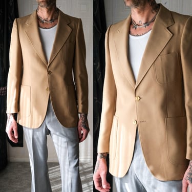 Vintage 70s Yves Saint Laurent Tan Wide Lapel Patch Pocket Blazer w/ Gold YSL Logo Buttons | Made in France | 1970s YSL Designer Mens Jacket 