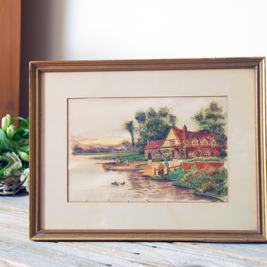 Vintage cottage landscape painting / antique framed original watercolor painting / country scene rural art / lake house painting 