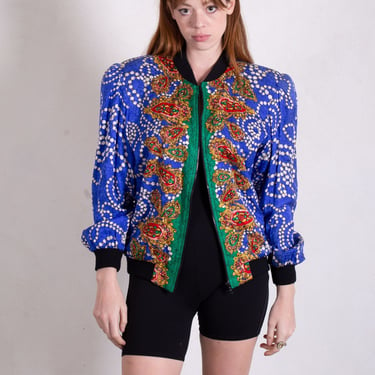 Vintage Diane Freis 1980s Silk Jacquard Pearl Print Bomber Jacket with Structured Shoulders Rainbow Multicolor sz S M L 80s 