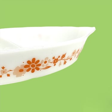 Vintage Pyrex Casserole 1960s Mid Century Modern + Floral + White Ceramic + Tangerine Flower Design + Promotional + Divided + MCM Cookware 