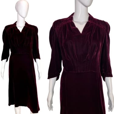 1930's Burgundy Velvet Evening Dress Size M/L