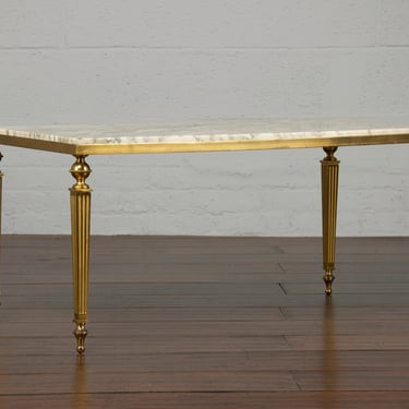 Antique French Neoclassical Directoire Brass Coffee Table W/ Green Marble Top 