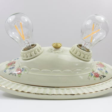 Refurbished Porcelier Porcelain Bare Bulb Ceiling Fixture - Porcelier from the 1930's - Two Bulb with Floral Details 