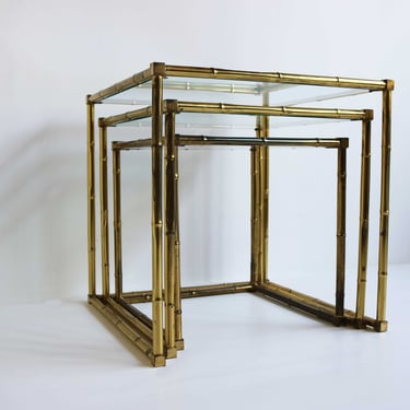 Brass Faux Bamboo Italian Mid Modern Nesting Tables Glass Tops Vintage Side Tables Nest of three Occasional Tables Hollywood Regency 1970s 