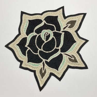 Handmade / hand embroidered black &amp; off white felt patch - large black rose - vintage style - traditional tattoo flash 
