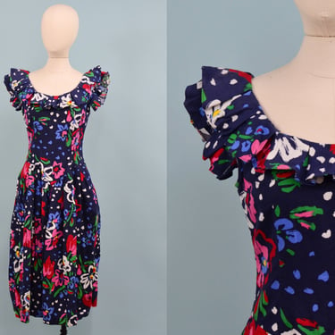 Vintage 1980s Robbie Bee Floral Dress, 80s Midi Dress, Vintage Drop Waist Dress, New Wave, Size Sm/Med, Waist: 29" by Mo