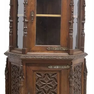 Antique Cabinet, Vitrine, Display, French Gothic Revival, Carved Wood, 1800s