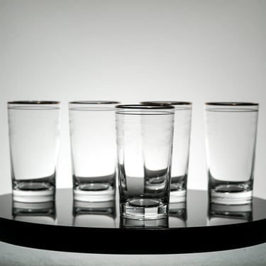 Vintage Crystal High Ball Glass Set of 5, Gold trim with lace etched deign, Vintage Tom Collins glass , New Years Eve Party 