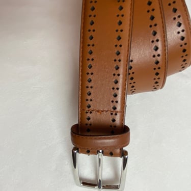 Men’s stylish leather belt~ made in Italy medium brown perforated design long thin dress belt size 36 XLG 34”-38” waist 