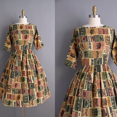 vintage 1950s Novelty Print Full Skirt Cotton Dress - Medium 