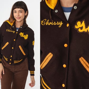 1983 Letterman Jacket Chrissy Varsity Jacket Hooded WOOL Jacket 80s Baseball Coat Brown Cheerleader Uniform Vintage Yellow Extra Small xs 