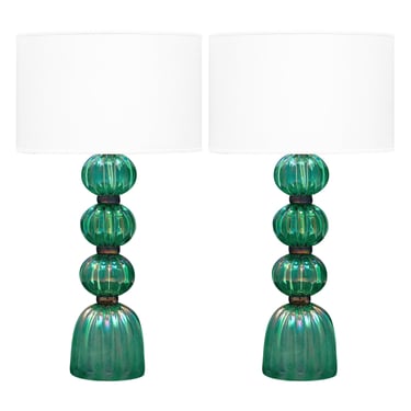 Iridescent Emerald Murano Glass Lamps