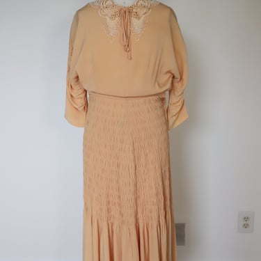 1930s Micro Smocked Waist Rayon Bodice Lace Dress with Crochet Neck (rare)
