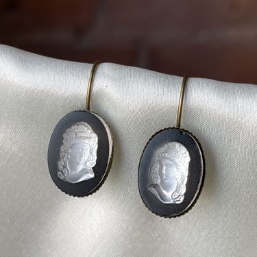 Victorian cameo earrings, vintage antique black glass intaglio earrings, female face earrings, cottagecore dark academia handmade jewelry 