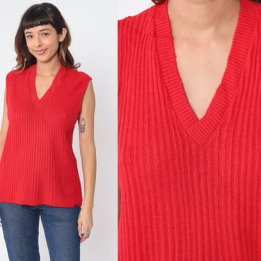 Red Sweater Vest 70s Ribbed Knit Tank Top Sleeveless Pullover V Neck Retro Preppy Knitwear Simple Basic Plain Acrylic Vintage 1970s Large L 