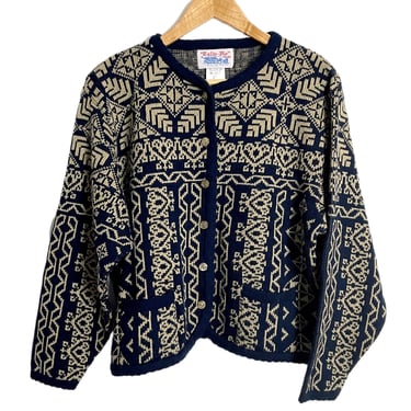 1990s Tally-Ho jacquard knit sweater jacket - size PL 