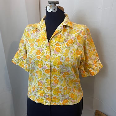 1960s Vintage Floral Camp Shirt Orange Yellow Big Ditsy Floral 38 L 