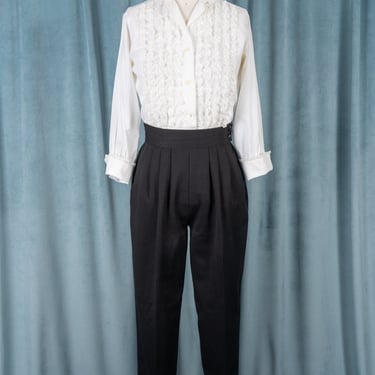 Cute Vintage 80s Diversity High Waisted Black Pleated Trousers with Balloon Leg Style and Side Button Waistband 