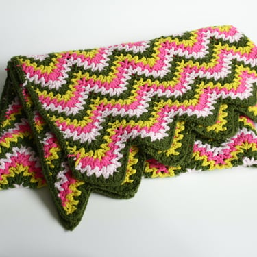 Vintage Crocheted Afghan Blanket - Olive Green, Yellow, Bright Pink, Baby Pink - zig zag chevron stripes - Acrylic 