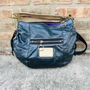 Discontinued_Coach Black Leather Gold Trim Poppy Jazzy Hobo Shoulder Bag with Crossbody Strap by LeChalet