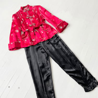 Vintage Red + Black Chinoiserie Satin Pyjamas 