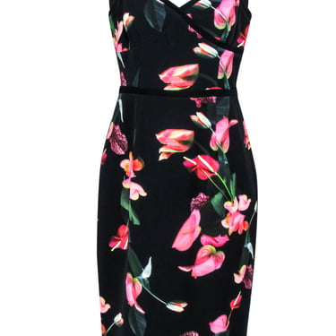 Black Halo - Black & Pink Floral Print Dress w/ Piping Sz 12