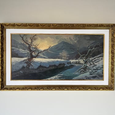 1980s Large Andro Original Winter Landscape Oil on Canvas Painting, Framed 