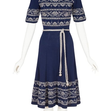 1930s/1940s Vintage Intarsia Navy Wool Knit Short Sleeve Dress Sz XS 