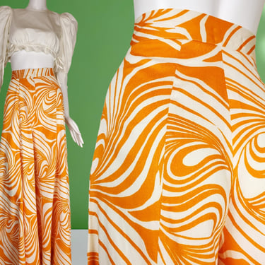 Psychedelic 1960s barkcloth pants. Extreme wide legs, high rise. Orange & cream. Creamsicle. 60s mod. Candy swirly op art. (26/27 X 31) 