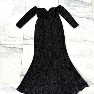 Women’s Vintage Sequin Gown Empire Waist Long Formal Dress Black Train Witch Glamorous 3XL 